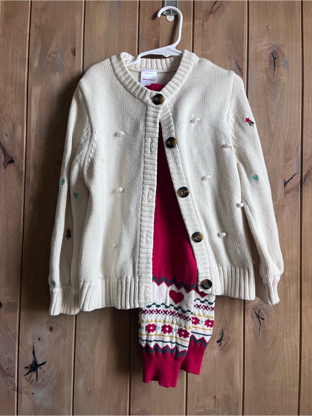 Hanna Andersson Girls' Ecru Knit Bobble Cardigan with Fair Aisle leggings - 5T
